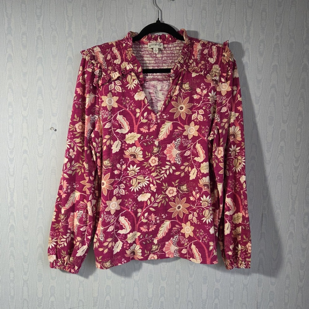 Wonderly Womens L Blouse Smocked Ruffle Floral Jersey Peasant Boho Prairie Pink